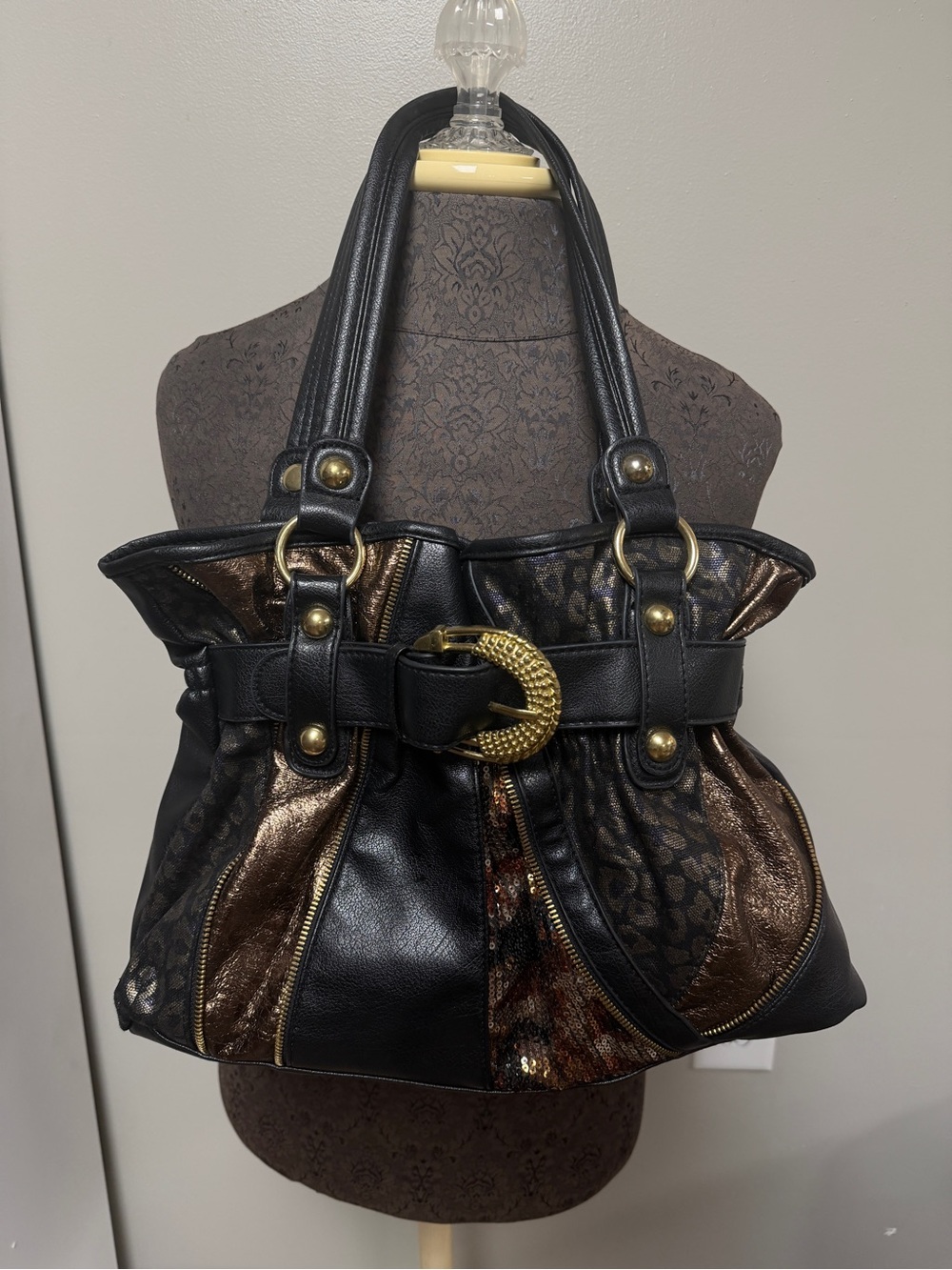 Y2k Black & Bronze Metallic Leopard Accent Tote Bag